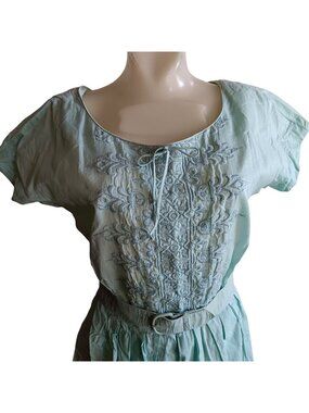 True Vintage Dress 8 Medium 1950's Mint Green Embroidered Nelly Don Belt Linen